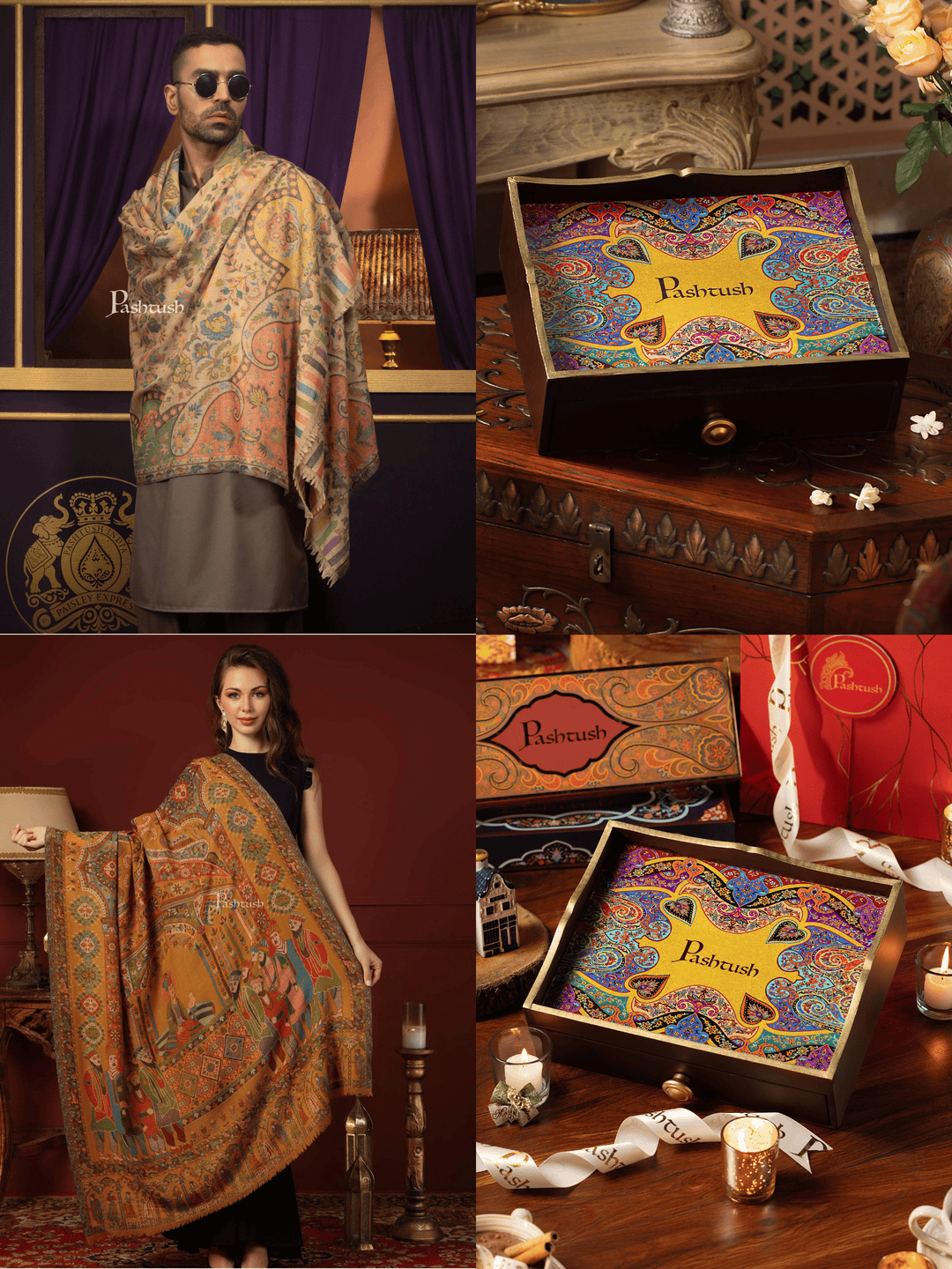 Pashtush India Gift Pack Pashtush His and Her Gift Set of 100% Pure Wool Stoles, Beige and Multicoloured, Packaged in Keepsake Wooden Chester Gift Box