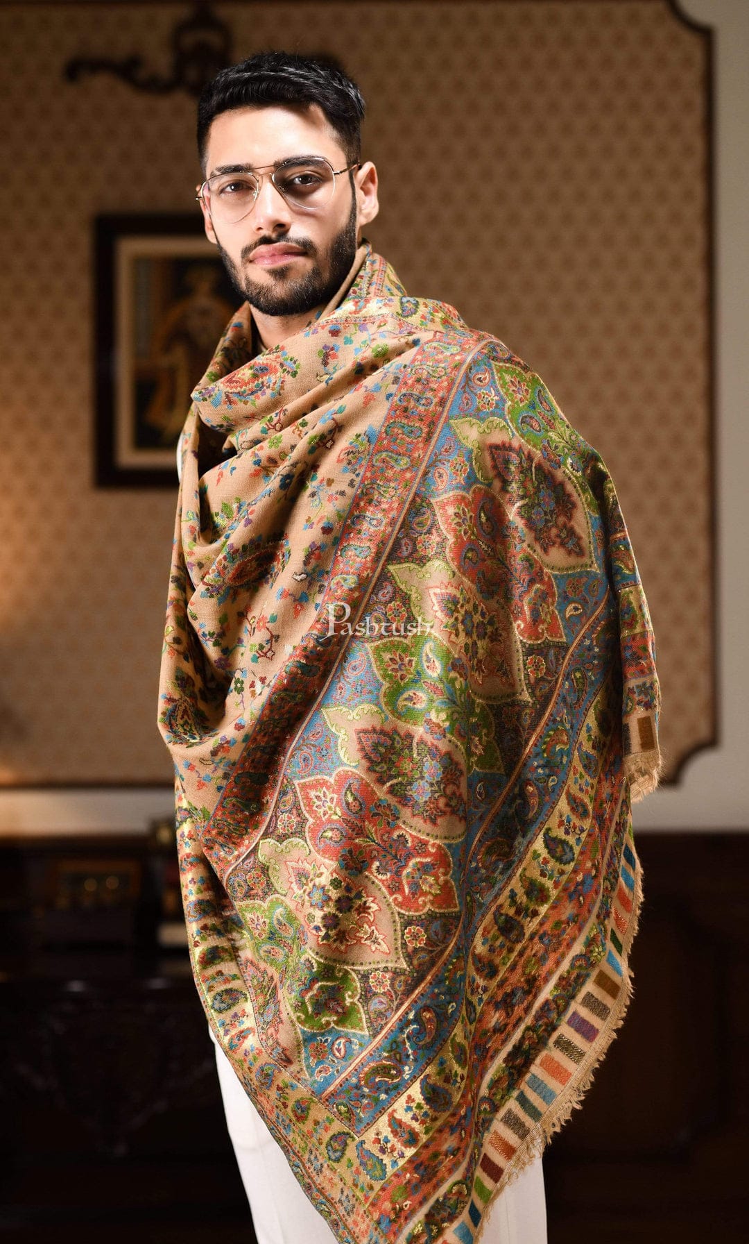 Pashtush India Gift Pack Pashtush His and Her Gift Set of 100% Pure Wool Stoles, Beige and Multicoloured, Packaged in Keepsake Wooden Chester Gift Box