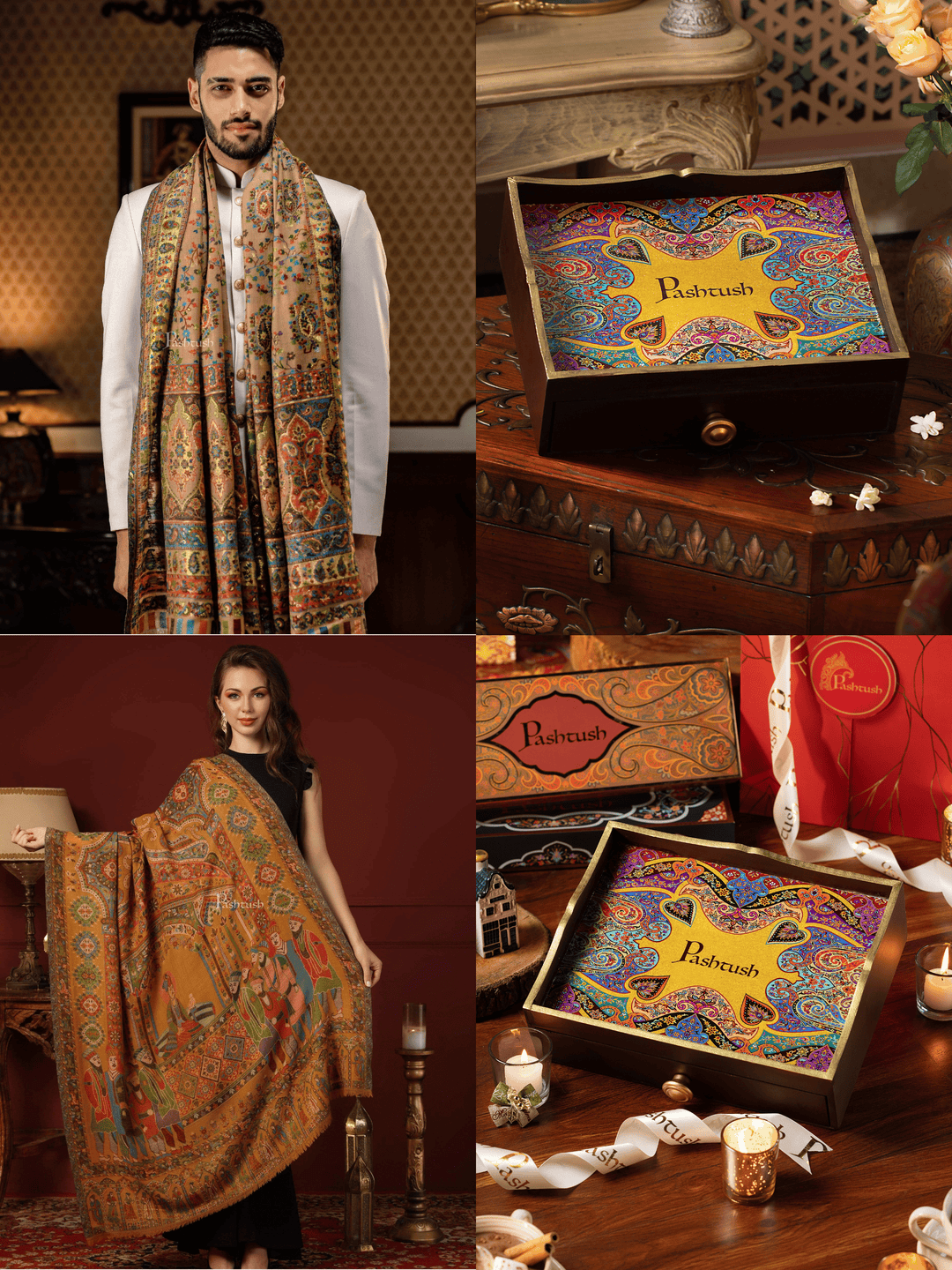 Pashtush India Gift Pack Pashtush His and Her Gift Set of 100% Pure Wool Stoles, Beige and Multicoloured, Packaged in Keepsake Wooden Chester Gift Box