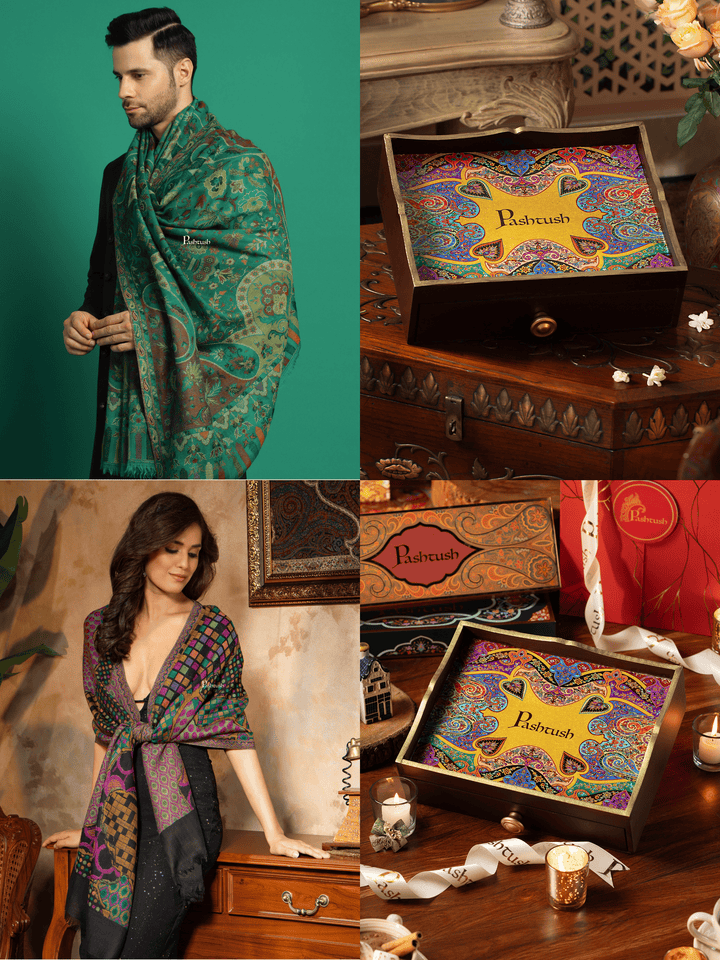 Pashtush India Gift Pack Pashtush His and Her Gift Set of 100% Pure Wool Stoles, Green and Black, Packaged in Keepsake Wooden Chester Gift Box
