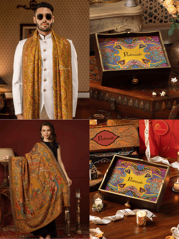 Pashtush India Gift Pack Pashtush His and Her Gift Set of 100% Pure Wool Stoles,Multicoloured, Packaged in Keepsake Wooden Chester Gift Box