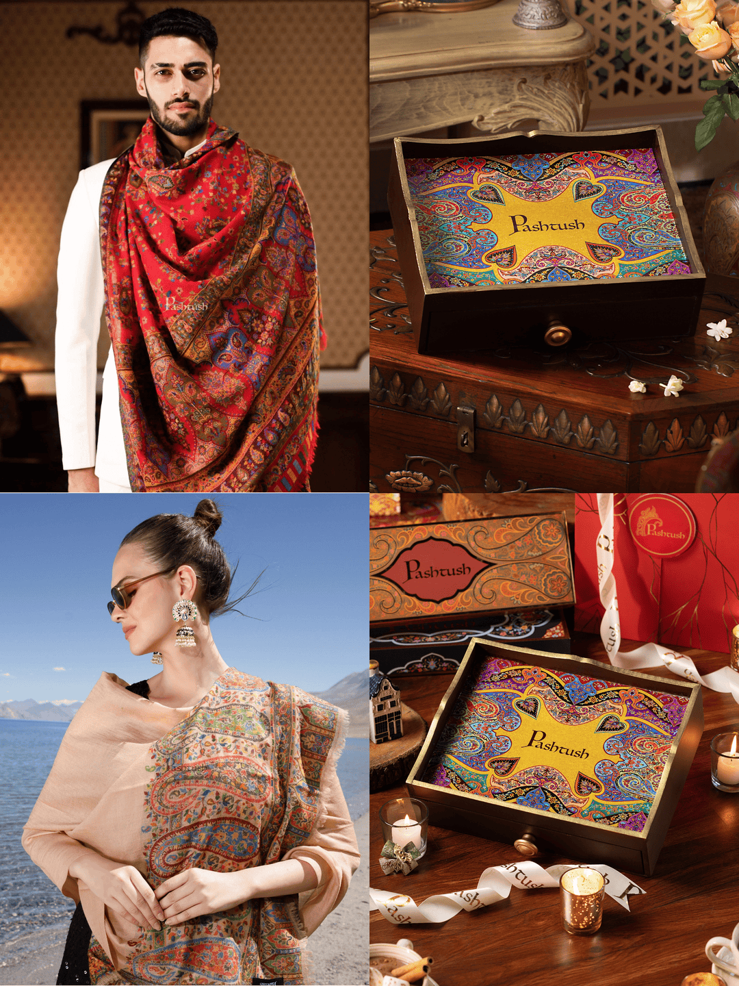 Pashtush India Gift Pack Pashtush His and Her Gift Set of 100% Pure Wool Stoles, Scarlet Red and Beige, Packaged in Keepsake Wooden Chester Gift Box