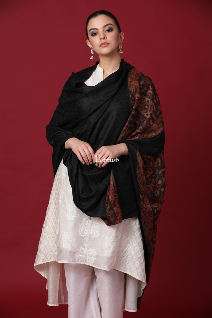 Pashtush India Gift Pack Pashtush His And Her Gift Set Of Check Stole and Ethnic Weave Palla Shawl With Premium Gift Box Packaging, Black