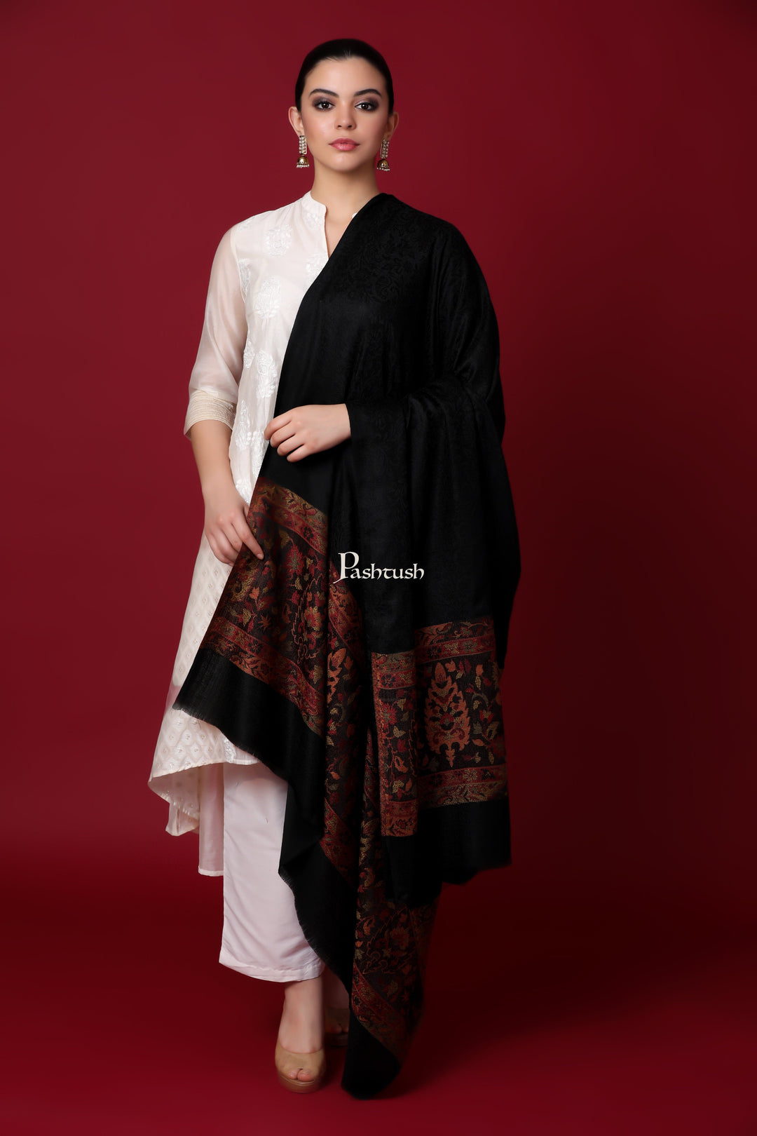 Pashtush India Gift Pack Pashtush His And Her Gift Set Of Check Stole and Ethnic Weave Palla Shawl With Premium Gift Box Packaging, Black