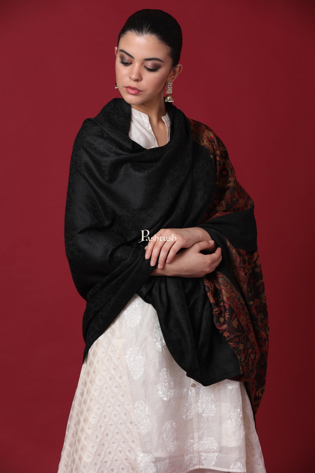 Pashtush India Gift Pack Pashtush His And Her Gift Set Of Check Stole and Ethnic Weave Palla Shawl With Premium Gift Box Packaging, Black