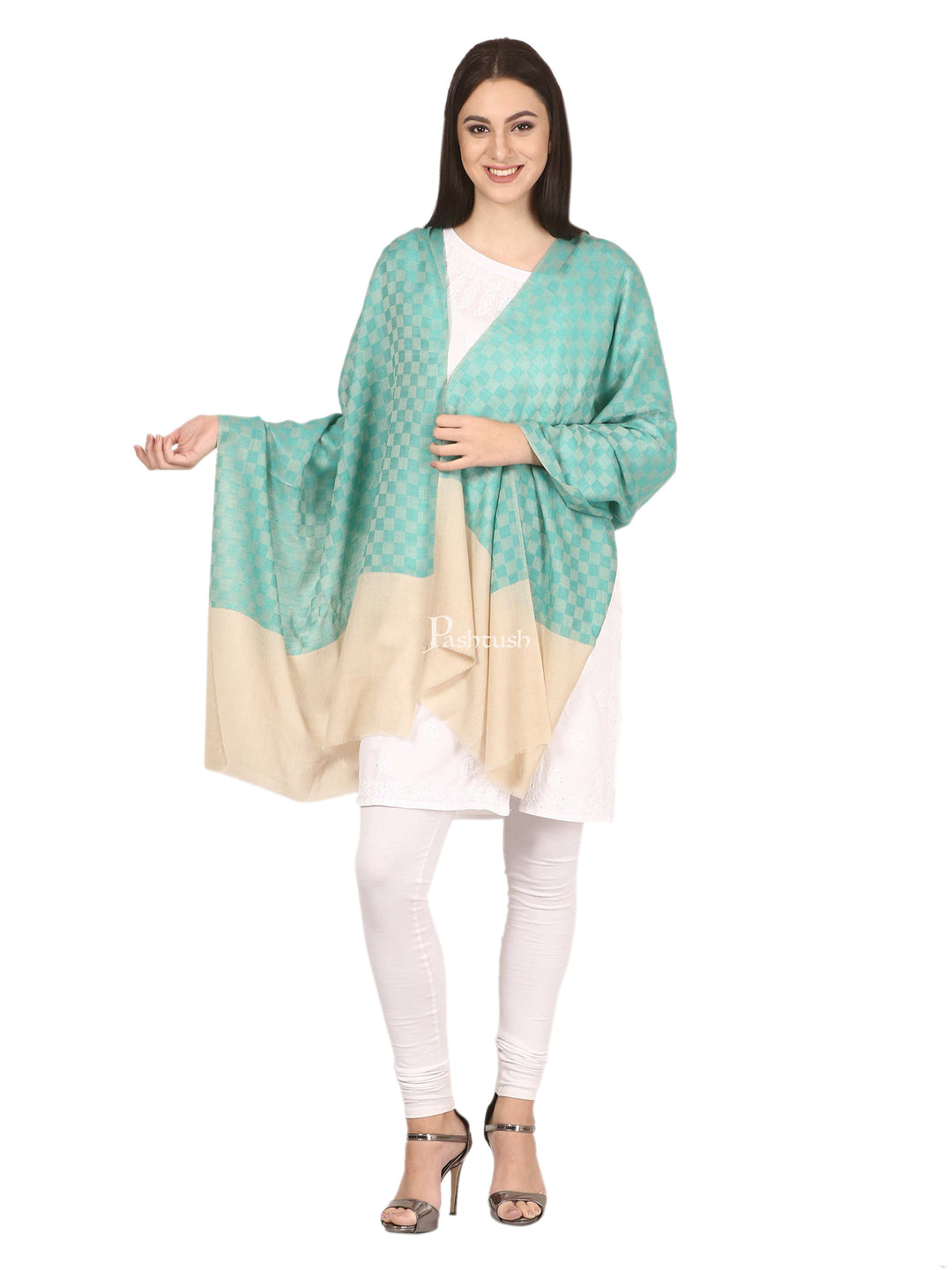 Pashtush India Gift Pack Pashtush His And Her Gift Set Of Check Stoles With Premium Gift Box Packaging, Beige and Sea Green