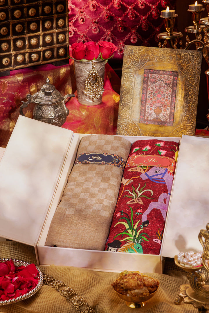 Pashtush India Gift Pack Pashtush His And Her Gift Set Of Checkered And Bamboo Printed Stoles With Premium Gift Box Packaging, Taupe And Multicolor