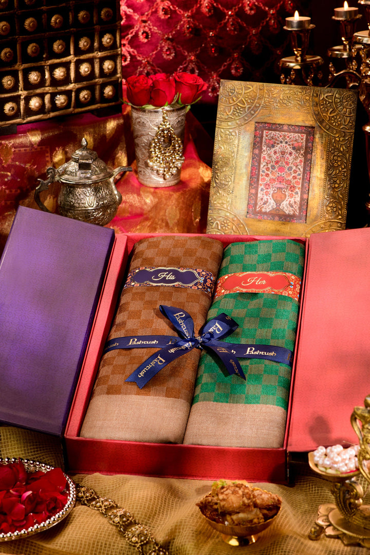 Pashtush India Gift Pack Pashtush His And Her Gift Set Of Checkered Design Stoles With Premium Gift Box Packaging, Coffee and bottle green