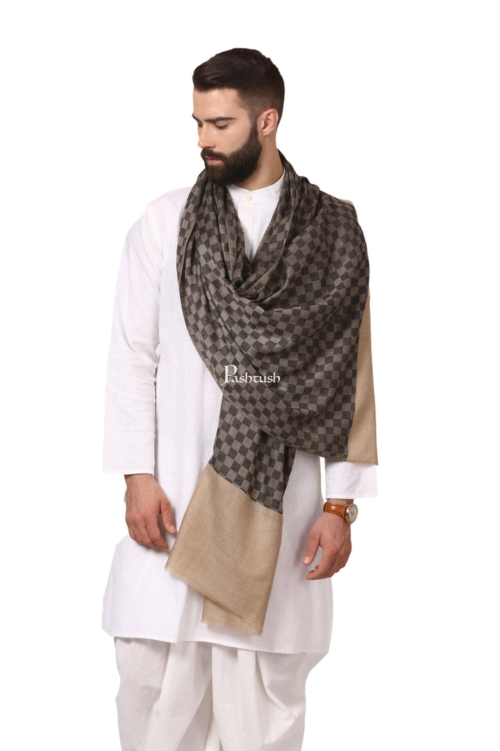 Pashtush India Gift Pack Pashtush His And Her Gift Set Of Checkered Stole And Embroidery Shawl With Premium Gift Box Packaging, Black and Beige
