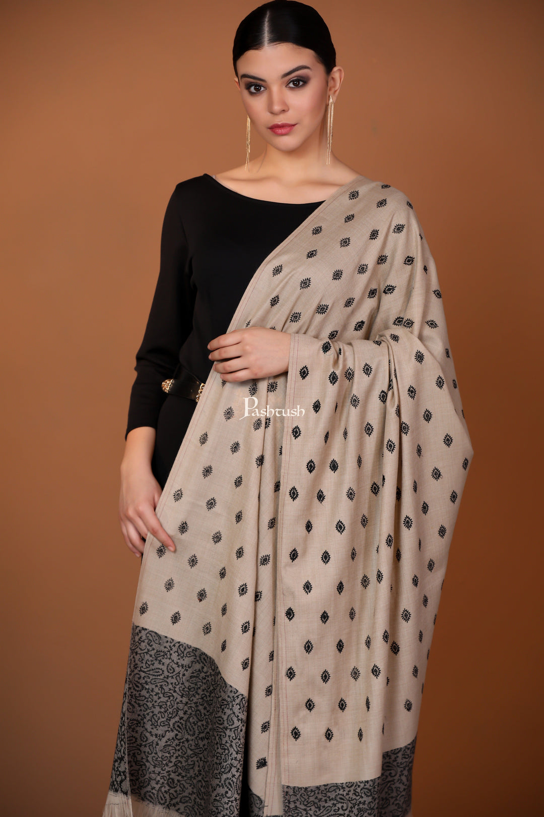 Pashtush India Gift Pack Pashtush His And Her Gift Set Of Checkered Stole And Embroidery Shawl With Premium Gift Box Packaging, Black and Beige