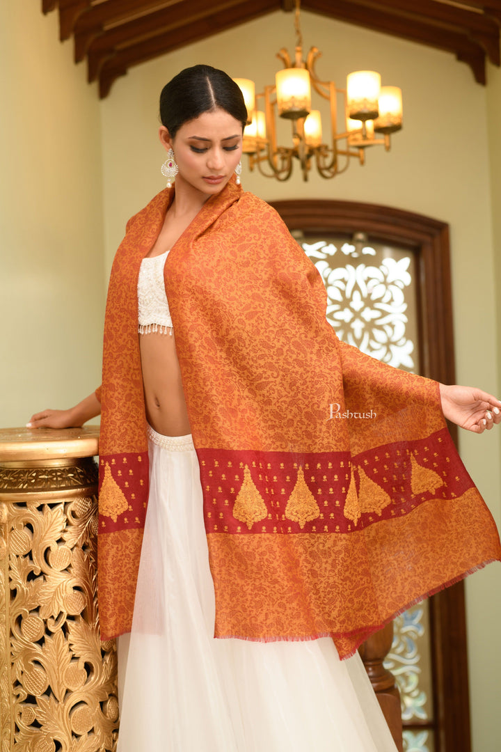 Pashtush India Gift Pack Pashtush His And Her Gift Set Of Checkered Stole And Embroidery Shawl With Premium Gift Box Packaging, Deep Orange and Maroon