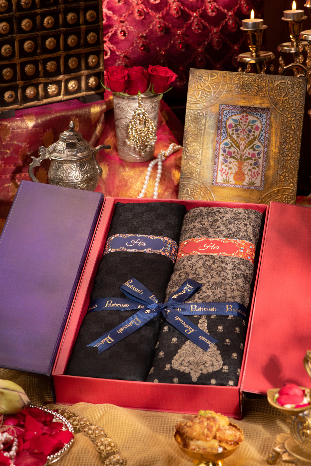 Pashtush India Gift Pack Pashtush His And Her Gift Set Of Checkered Stole And Embroidery Shawl With Premium Gift Box Packaging, Rich Black and Black