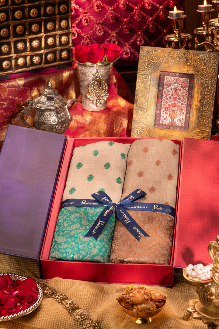 Pashtush India Gift Pack Pashtush His And Her Gift Set Of Embroidery Stole And Shawl With Premium Gift Box Packaging, Green and Espresso