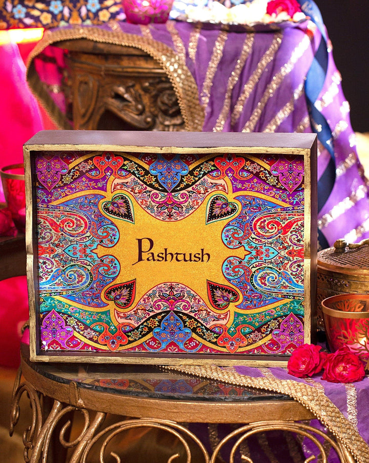 Pashtush India Gift Pack Pashtush His And Her Gift Set Of Fine Wool Daur Embroidery Shawl With Wooden Chester Box, Taupe and Red