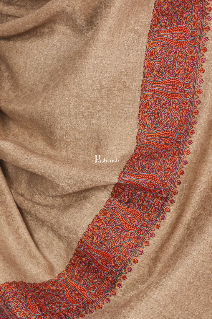 Pashtush India Gift Pack Pashtush His And Her Gift Set Of Fine Wool Daur Embroidery Shawl With Wooden Chester Box, Taupe and Red