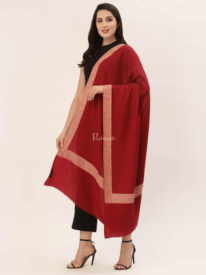Pashtush India Gift Pack Pashtush His And Her Gift Set Of Fine Wool Daur Embroidery Shawl With Wooden Chester Box, Taupe and Red