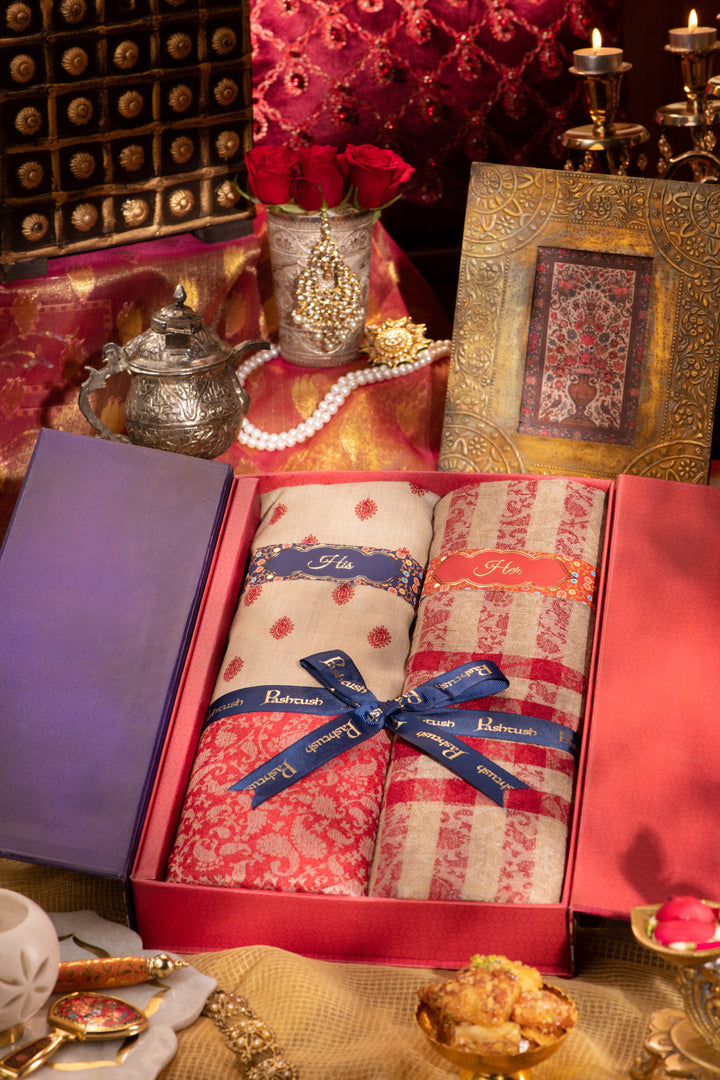 Pashtush India Gift Pack Pashtush His And Her Gift Set Of Fine Wool Embroidery Stole and Checkerd Stole With Premium Gift Box Packaging, Beige and Red