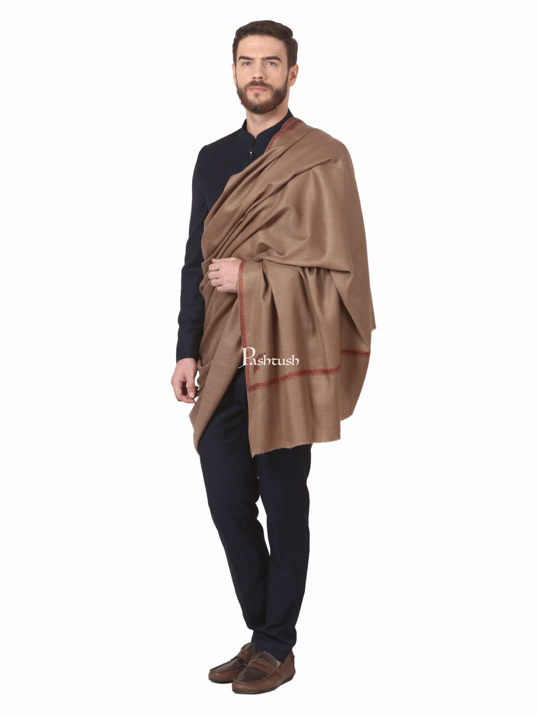 Pashtush India Gift Pack Pashtush His And Her Gift Set Of Fine Wool Hand Embroidery Shawls With Wooden Chester Box, Beige and Multicolour