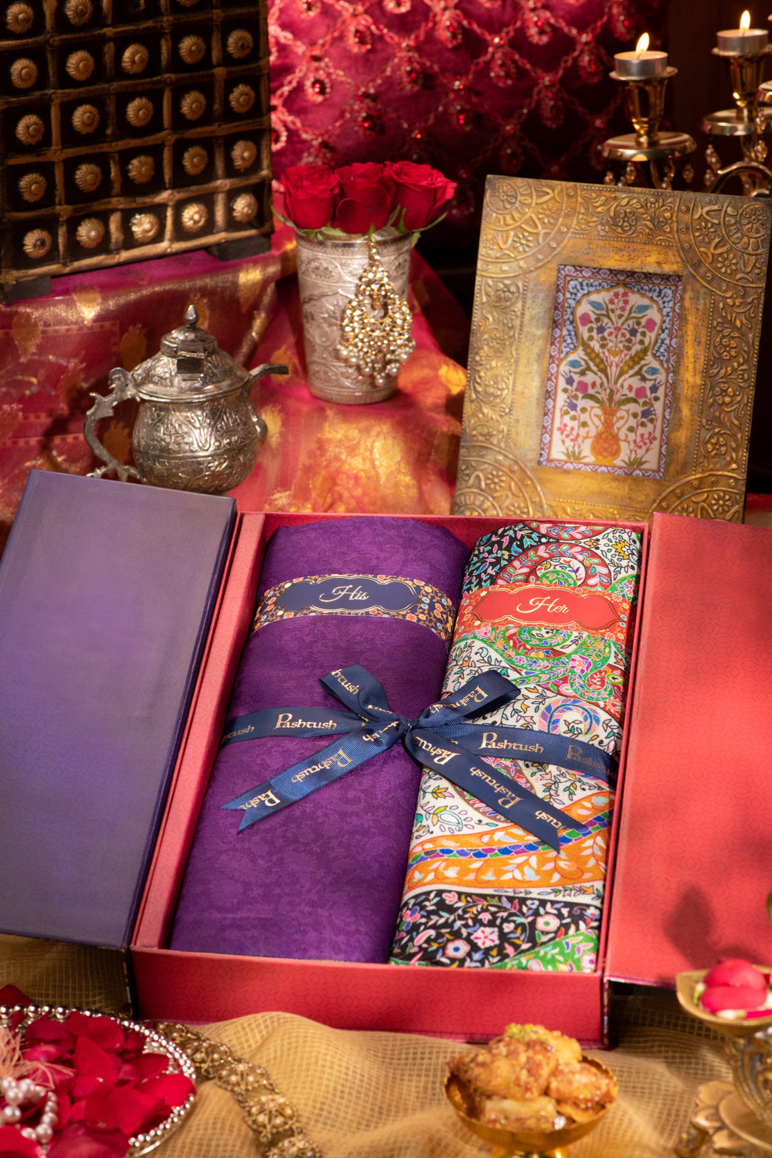 Pashtush India Gift Pack Pashtush His And Her Gift Set Of Fine Wool Self Stole and Bamboo Stole With Premium Gift Box Packaging, Purple and Multicolour