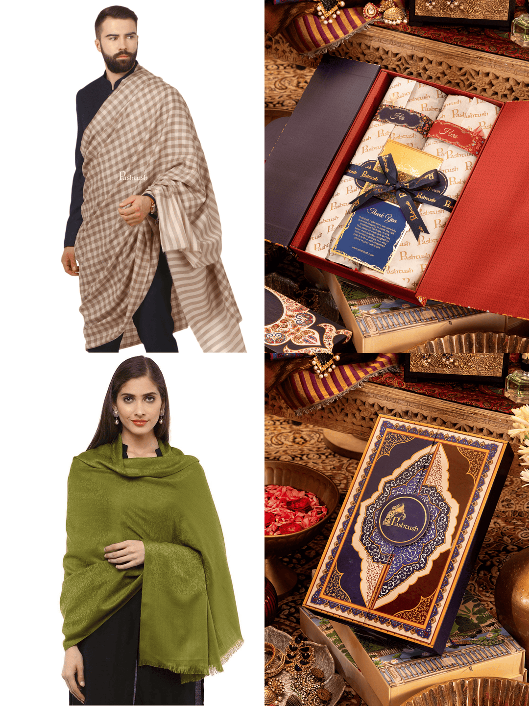 Pashtush India Gift Pack Pashtush His And Her Gift Set of Fine Wool Shawls, Premium Gift Box Packaging, Beige and Green