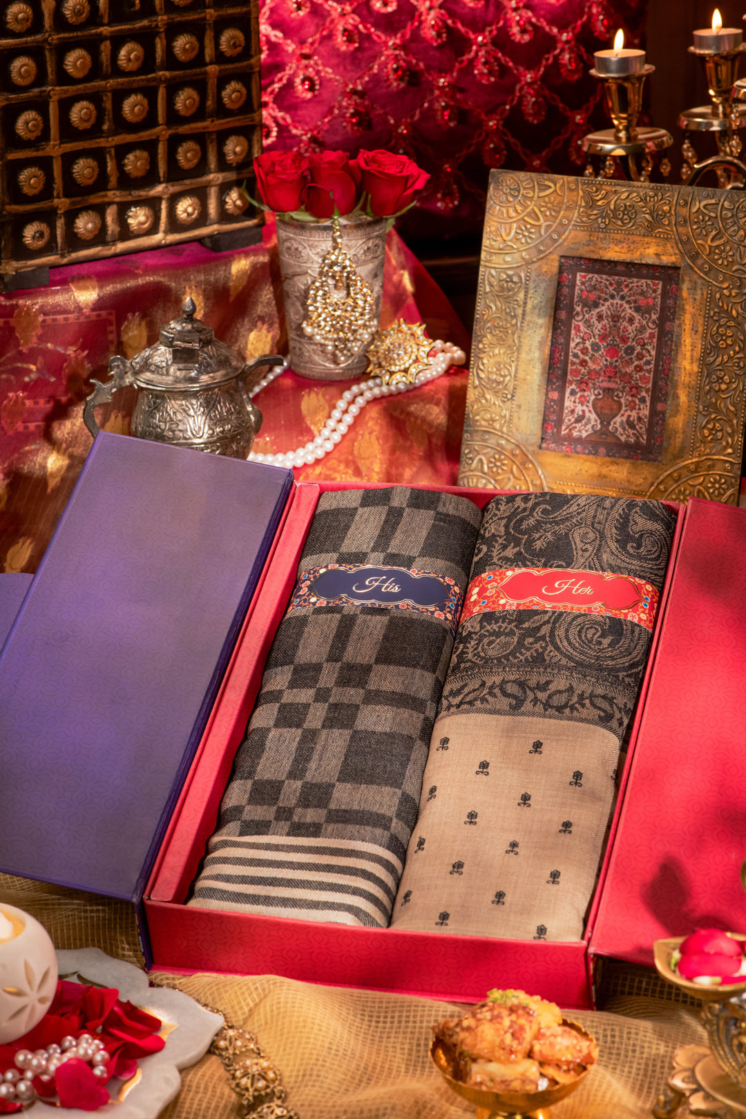 Pashtush India Gift Pack Pashtush His And Her Gift Set Of Fine Wool Stole and Embroidery Shawl With Premium Gift Box Packaging, Black and Beige