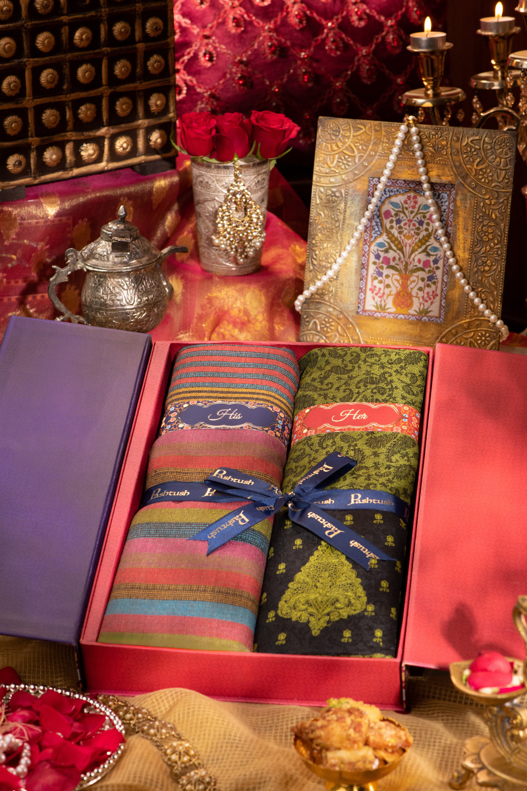Pashtush India Gift Pack Pashtush His And Her Gift Set Of Fine Wool Stole and Embroidery Shawl With Premium Gift Box Packaging, Multicolour and Green