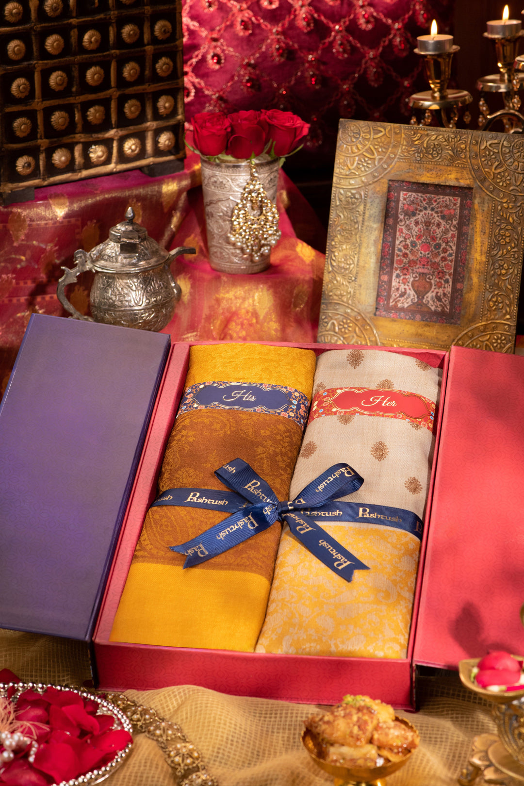 Pashtush India Gift Pack Pashtush His And Her Gift Set Of Fine Wool Stole and Embroidery Shawl With Premium Gift Box Packaging, Mustard and Orange