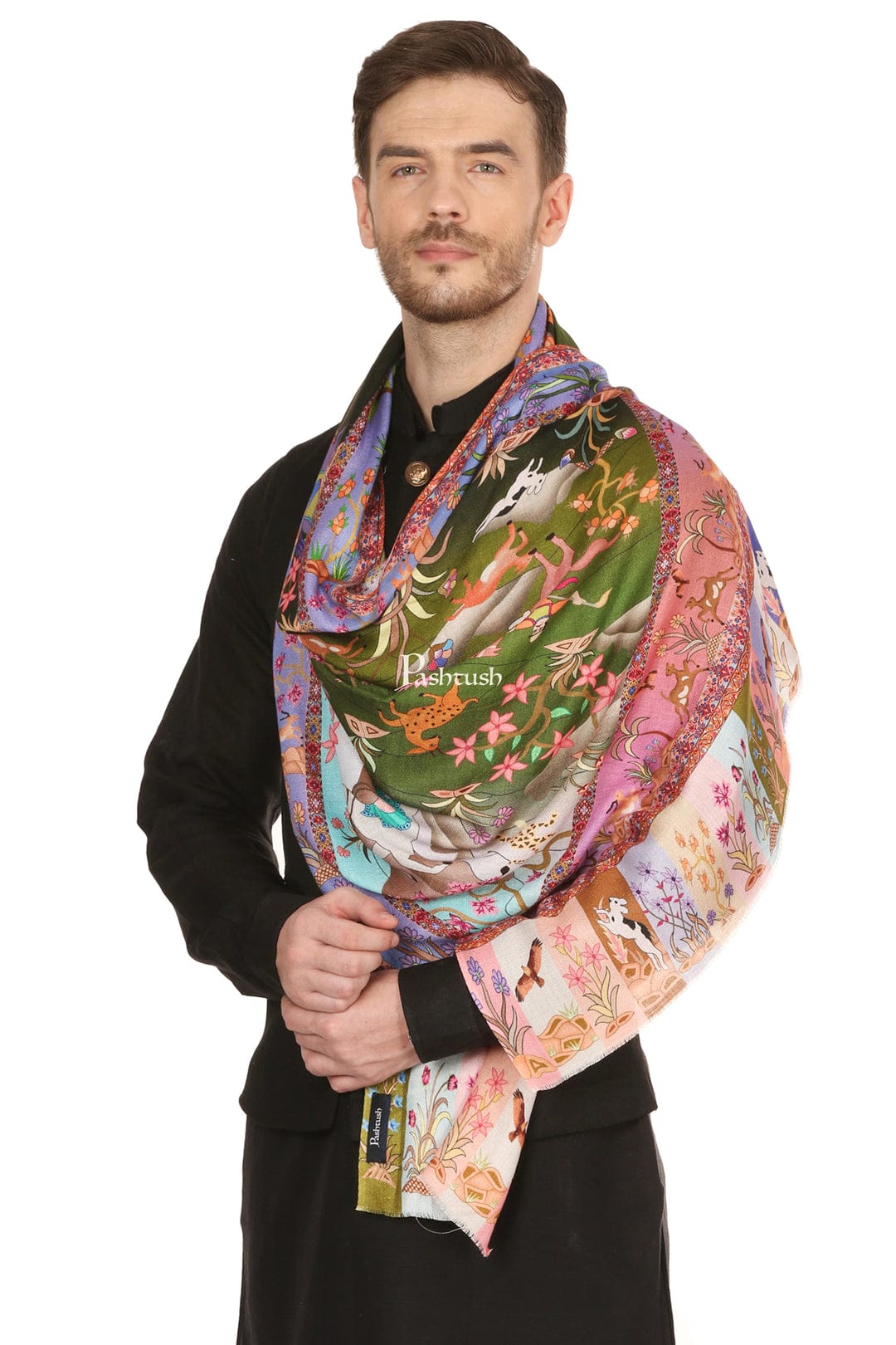 Pashtush India Gift Pack Pashtush His and Her Gift Set of Fine Wool Stole and Womens Bamboo Stole, Multicolour and Black, Packaged in Keepsake Wooden Chester Gift Box
