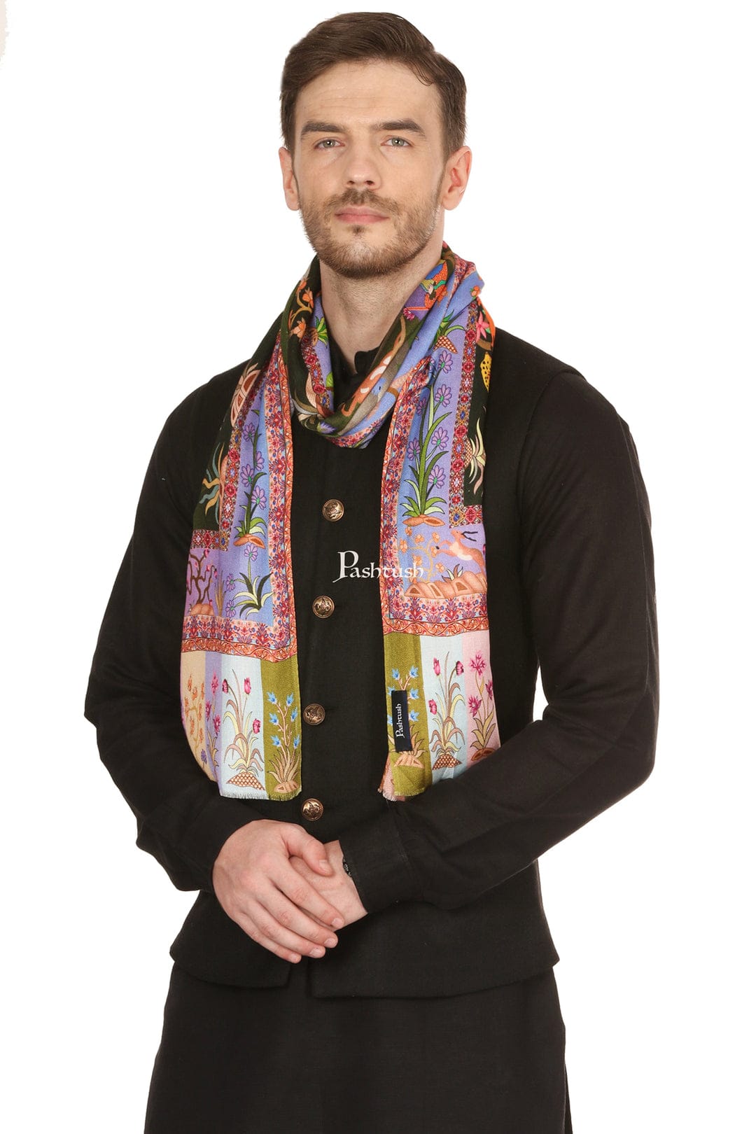Pashtush India Gift Pack Pashtush His and Her Gift Set of Fine Wool Stole and Womens Bamboo Stole, Multicolour and Black, Packaged in Keepsake Wooden Chester Gift Box