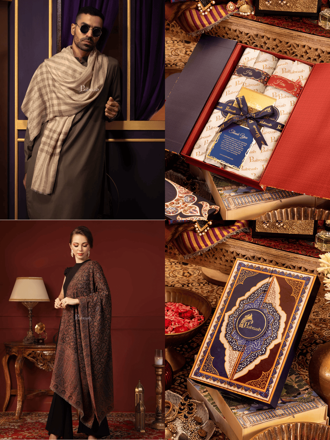 Pashtush India Gift Pack Pashtush His And Her Gift Set of Fine Wool Stoles, Premium Gift Box Packaging, Beige and Black
