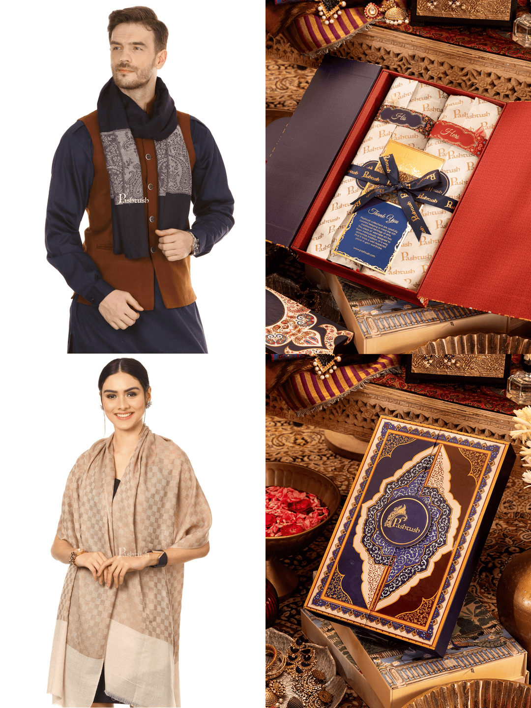 Pashtush India Gift Pack Pashtush His And Her Gift Set of Fine Wool Stoles, Premium Gift Box Packaging, Black and Beige