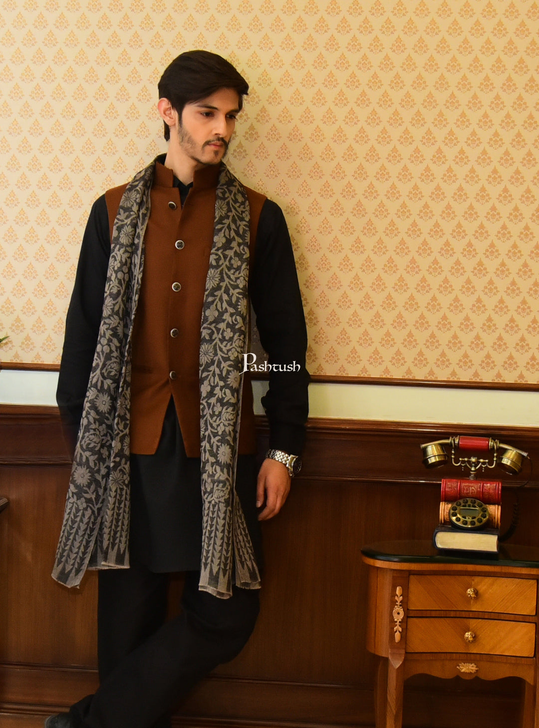 Pashtush India Gift Pack Pashtush His And Her Gift Set Of Floral Design Fine Wool Stoles With Premium Gift Box Packaging, Black and Red