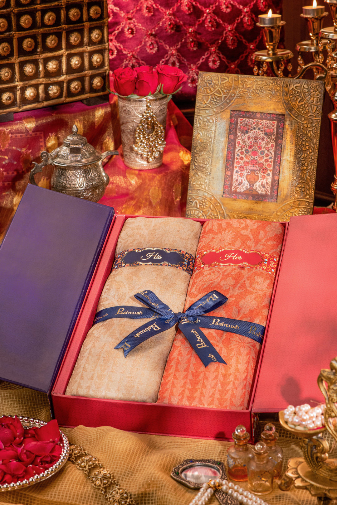 Pashtush India Gift Pack Pashtush His And Her Gift Set Of Floral Design Fine Wool Stoles With Premium Gift Box Packaging, Taupe and Deep Orange
