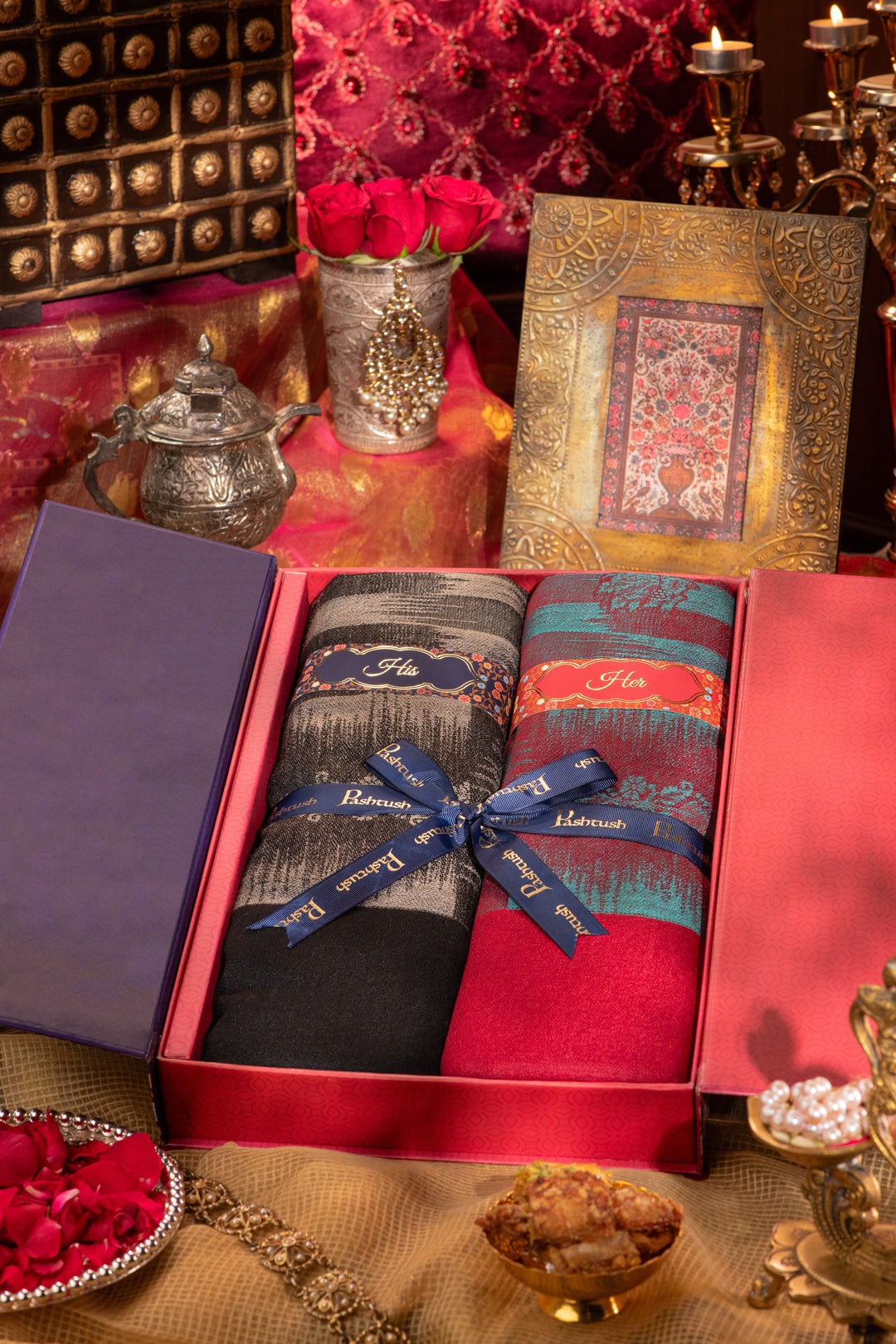 Pashtush India Gift Pack Pashtush His And Her Gift Set Of Ikkat Design Fine Wool Stoles With Premium Gift Box Packaging, Black and Maroon