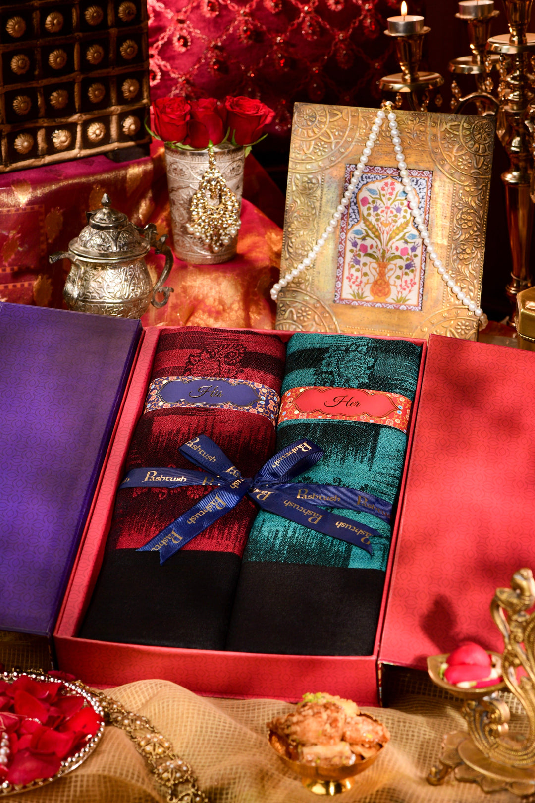 Pashtush India Gift Pack Pashtush His And Her Gift Set Of Ikkat Design Stoles With Premium Gift Box Packaging, Maroon and Pacific Blue