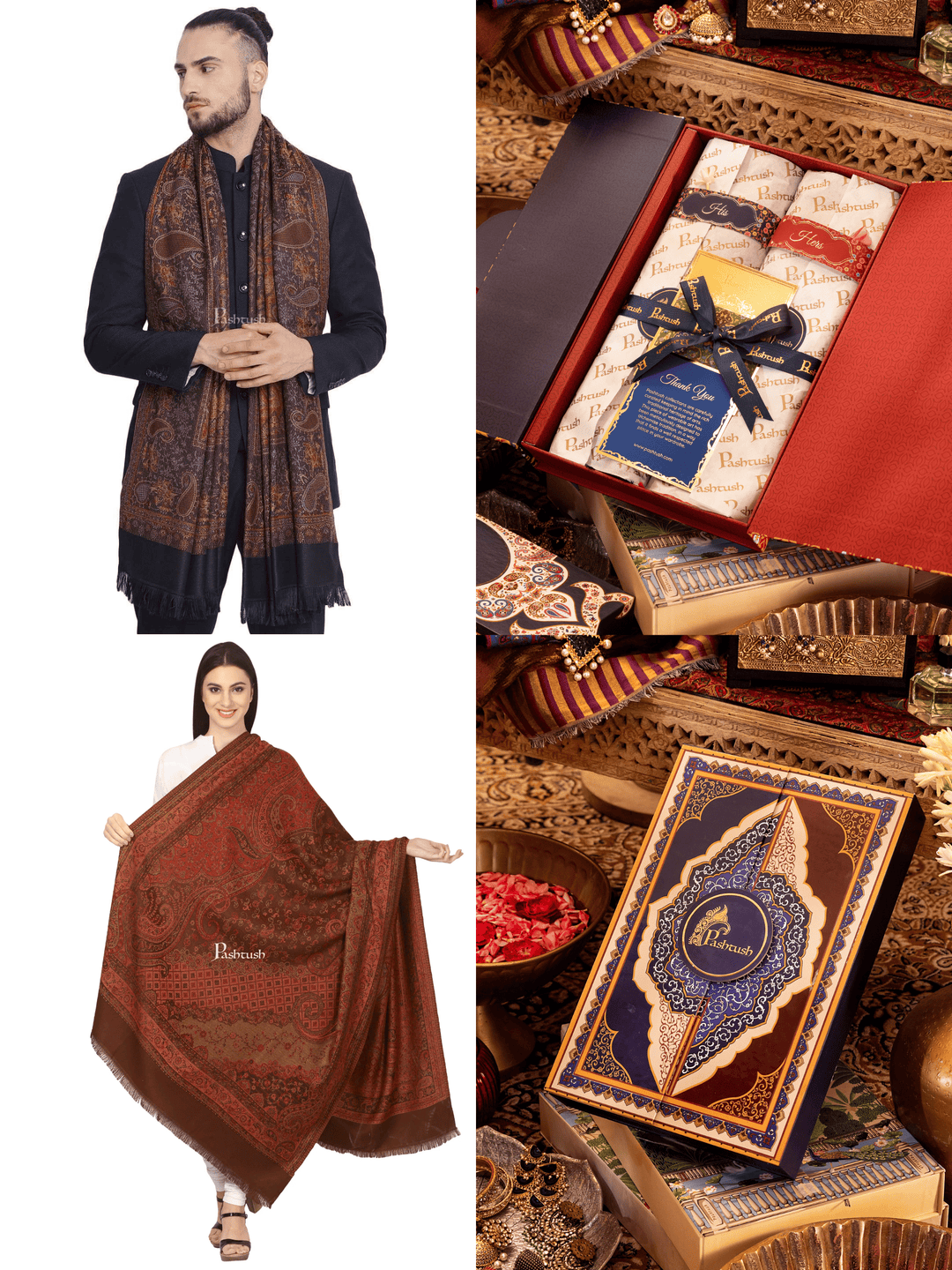 Pashtush India Gift Pack Pashtush His And Her Gift Set of Jamawar Mens Stole and Womens Shawl, Premium Gift Box Packaging, Black and Coffee