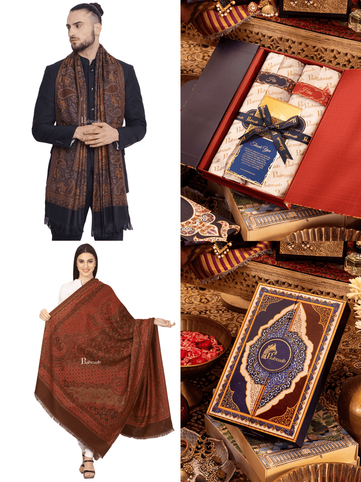 Pashtush India Gift Pack Pashtush His And Her Gift Set of Jamawar Mens Stole and Womens Shawl, Premium Gift Box Packaging, Black and Coffee