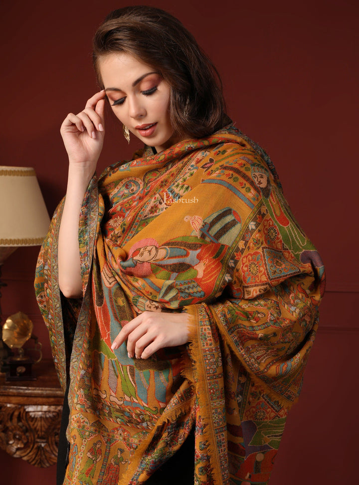 Pashtush India Gift Pack Pashtush His And Her Gift Set Of Kingri Hand Embroidery Shawl And Pure Wool Darbar Shawl With Wooden Chester Box, Beige and Multicolour
