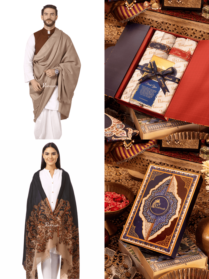 Pashtush India Gift Pack Pashtush His And Her Gift Set of Mens 100% Pure Wool Lohi and Womens Jacquard Palla Shawl, Premium Gift Box Packaging, Beige and Black