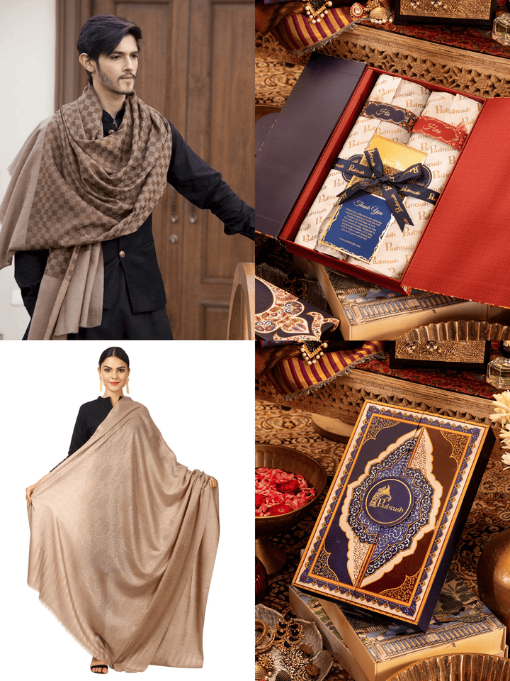 Pashtush India Gift Pack Pashtush His And Her Gift Set of Mens Fine Reversible Stole and Womens Extra Fine Wool Shawl, Premium Gift Box Packaging, Coffee and Taupe