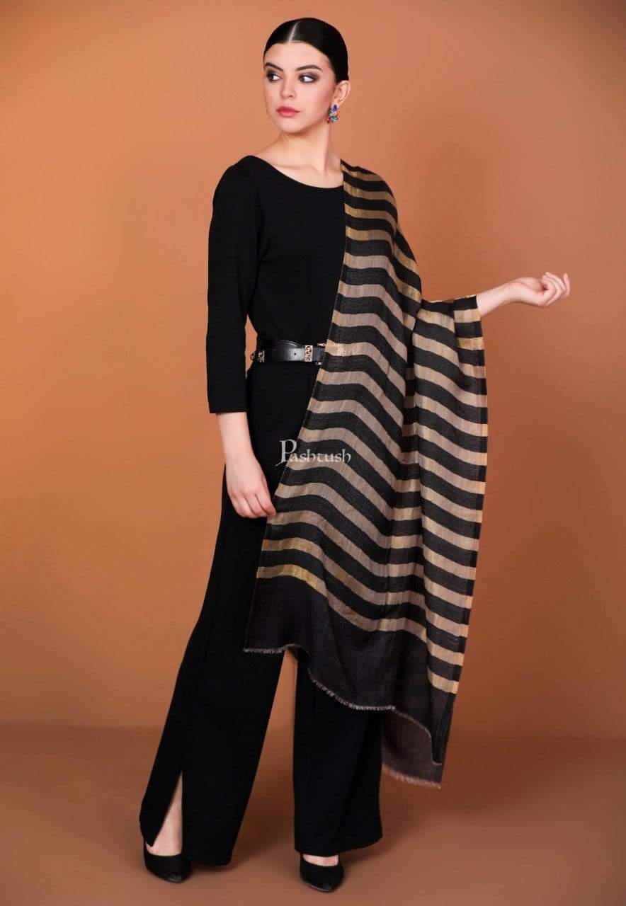 Pashtush India Gift Pack Pashtush His and Her Gift Set of Mens Fine Wool Shawl and Womens Stole, Taupe and Black, Packaged in Keepsake Wooden Chester Gift Box