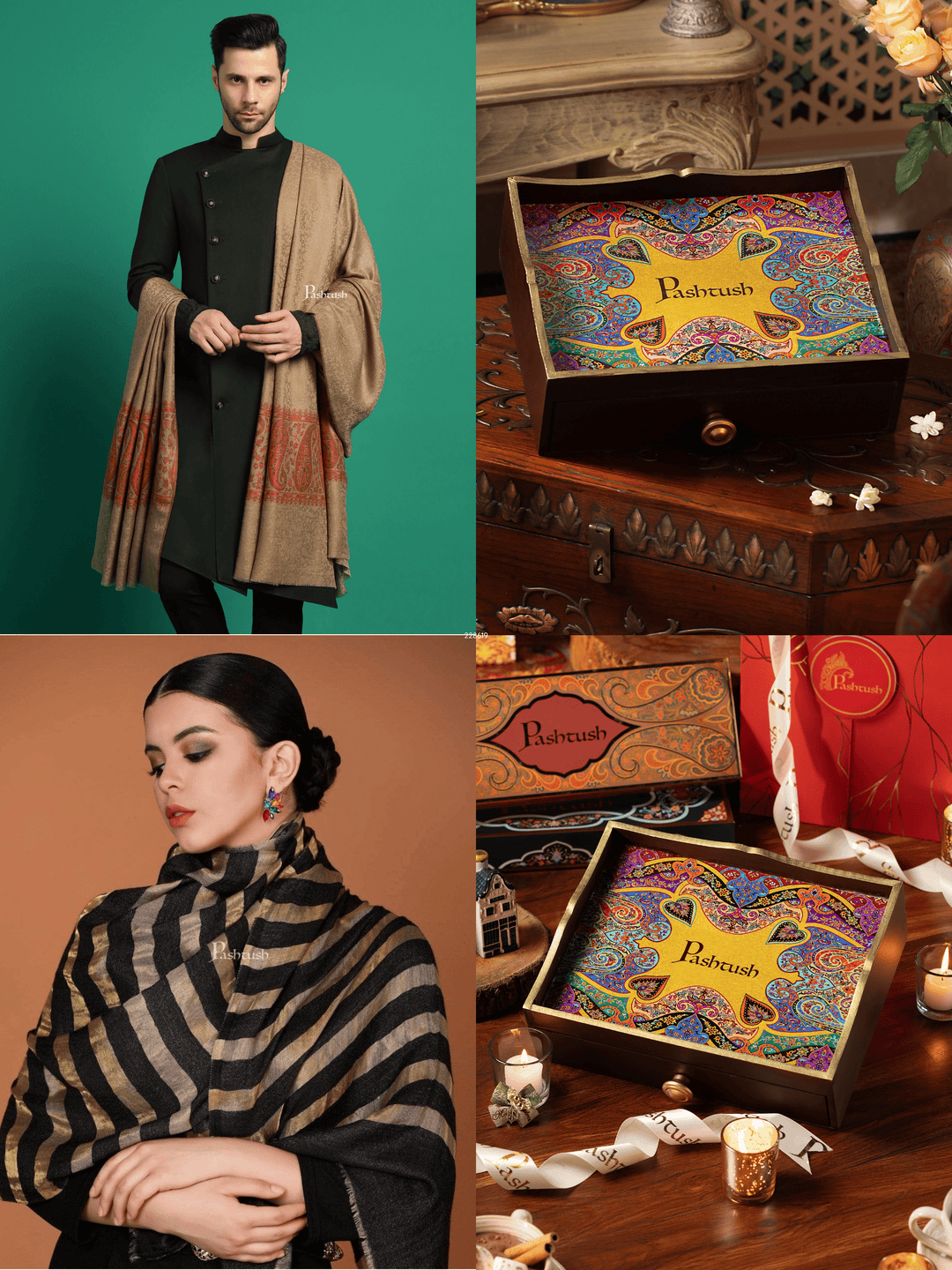 Pashtush India Gift Pack Pashtush His and Her Gift Set of Mens Fine Wool Shawl and Womens Stole, Taupe and Black, Packaged in Keepsake Wooden Chester Gift Box