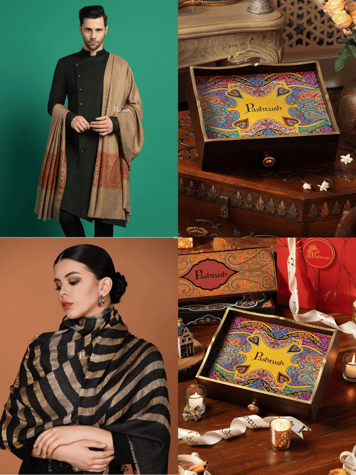 Pashtush India Gift Pack Pashtush His and Her Gift Set of Mens Fine Wool Shawl and Womens Stole, Taupe and Black, Packaged in Keepsake Wooden Chester Gift Box