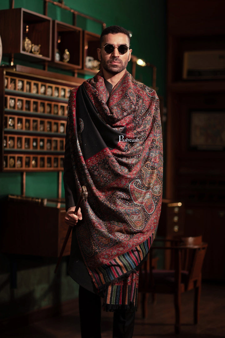 Pashtush India Gift Pack Pashtush His and Her Gift Set of Mens Fine Wool Shawl and Womens Twilight Stole, Black, Packaged in Keepsake Wooden Chester Gift Box