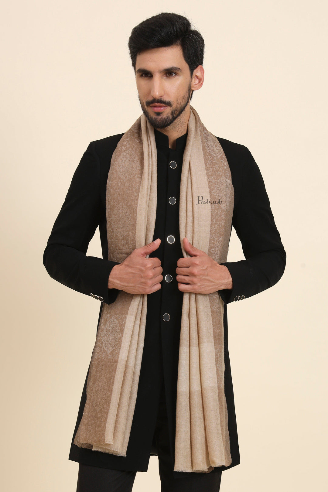 Pashtush India Gift Pack Pashtush His and Her Gift Set of Mens Fine Wool Stole and Womens Bamboo Stole, Beige and Multicoloured, Packaged in Keepsake Wooden Chester Gift Box