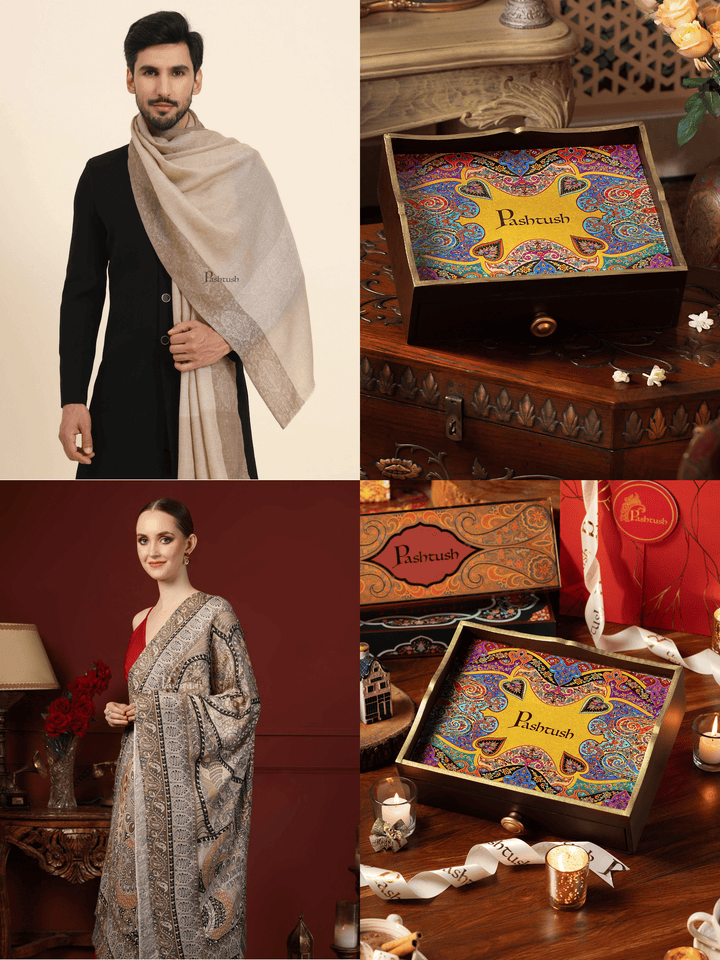 Pashtush India Gift Pack Pashtush His and Her Gift Set of Mens Fine Wool Stole and Womens Bamboo Stole, Beige and Multicoloured, Packaged in Keepsake Wooden Chester Gift Box