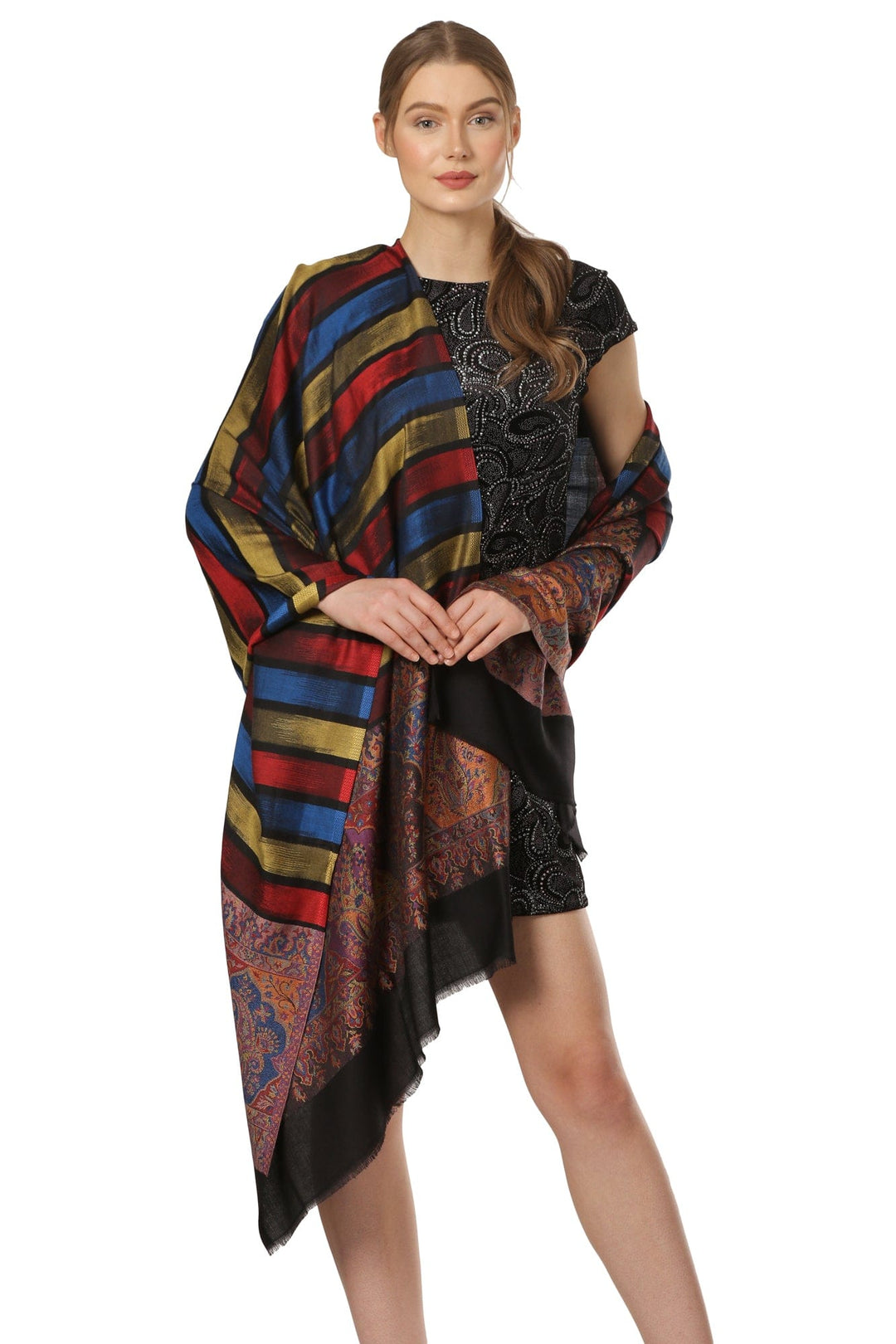 Pashtush India Gift Pack Pashtush His and Her Gift Set of Mens Fine Wool Stole and Womens Bamboo Stole, Black and Multicoloured, Packaged in Keepsake Wooden Chester Gift Box