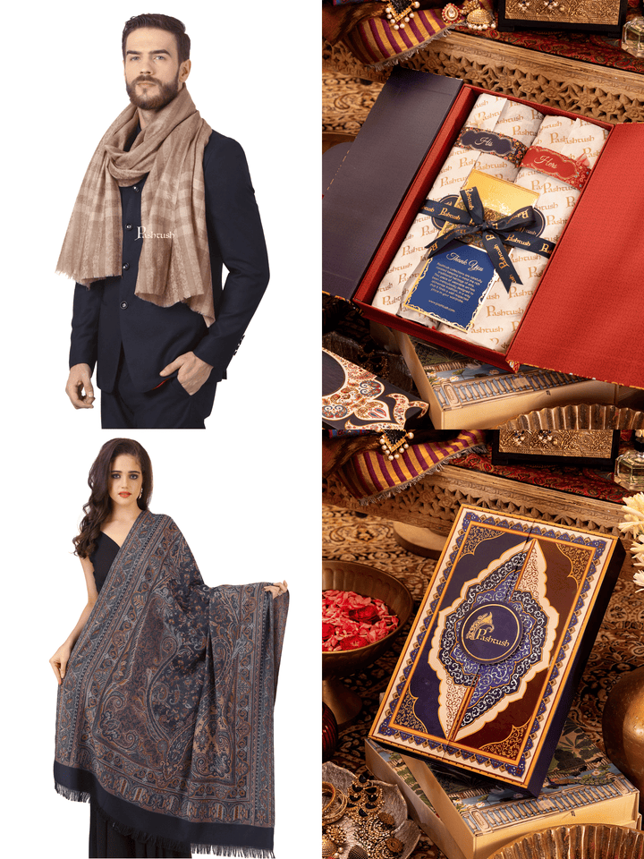 Pashtush India Gift Pack Pashtush His And Her Gift Set of Mens Fine Wool Stole and Womens Jamawar Shawl, Premium Gift Box Packaging, Taupe and Blue