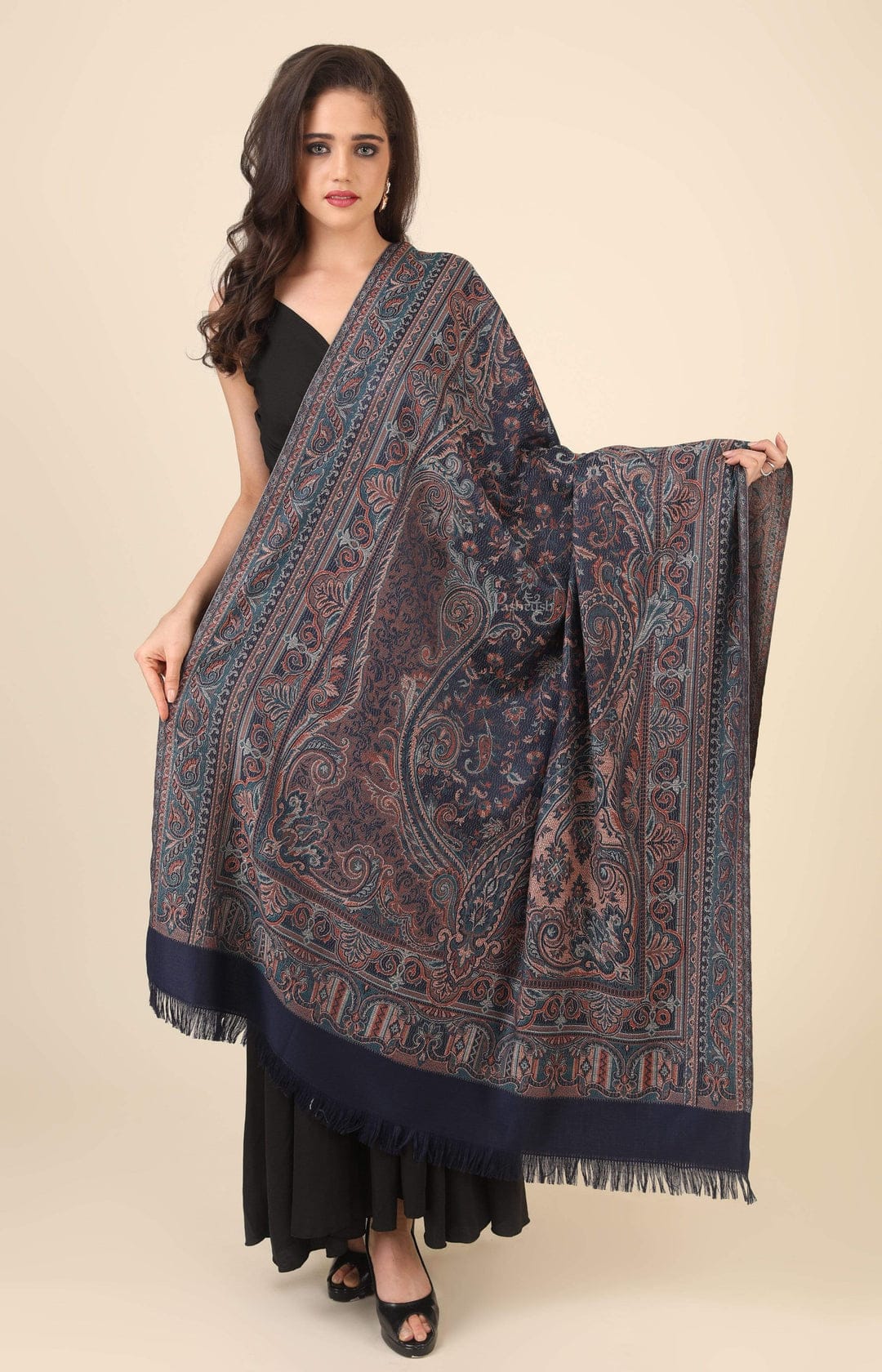 Pashtush India Gift Pack Pashtush His And Her Gift Set of Mens Fine Wool Stole and Womens Jamawar Shawl, Premium Gift Box Packaging, Taupe and Blue