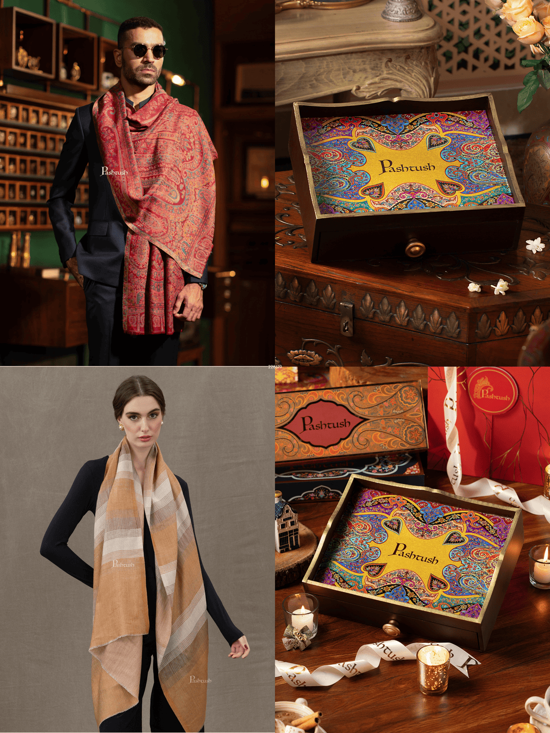 Pashtush India Gift Pack Pashtush His and Her Gift Set of Mens Fine Wool Stole, Maroon and Marigold, Packaged in Keepsake Wooden Chester Gift Box